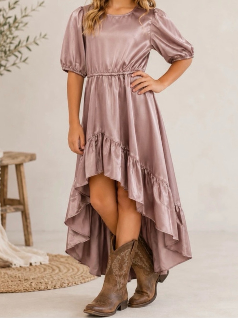 Mia Joy - Joyfolie Girls' Satin Puff Sleeve Dress in Dusty Rose